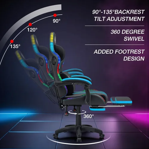 Miniatura 9 de HOFFREE Silla Gaming con Luces LED RGB de Ritmo Musical y Altavoces Bluetooth Silla Ergonómica de Gaming para Computadora con Masaje y Reposapiés