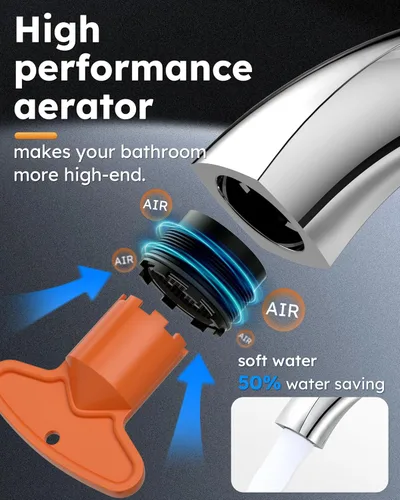 Miniatura 5 de WOWOW Grifo de Baño de Una Sola Manija 1 Orificio Arco Alto Grifo de Lavabo de Baño Cromado con Desagüe Pop Up, Latón Sólido Grifo Comercial de Cromo