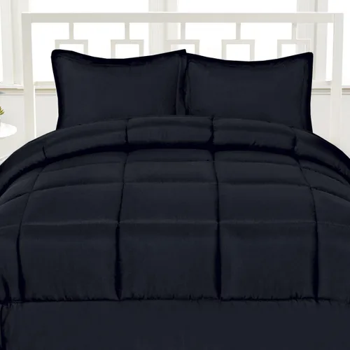 Lujosa ropa de cama de microfibra cepillada con punto de caja suave y alternativa al plumón, matrimonial, color negro