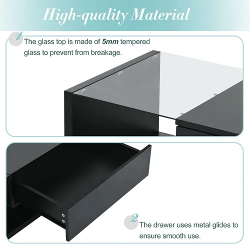 Miniatura 6 de Mesa auxiliar rectangular con vidrio templado, mesa moderna negra de dos niveles para sala de estar, mesa de centro de madera con cajón extraíble