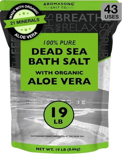 Aromasong Sal del Mar Muerto con aloe vera orgánico, sales de baño de spa, paquete resellable fino a granel de 19 libras, 100% pura y natural,