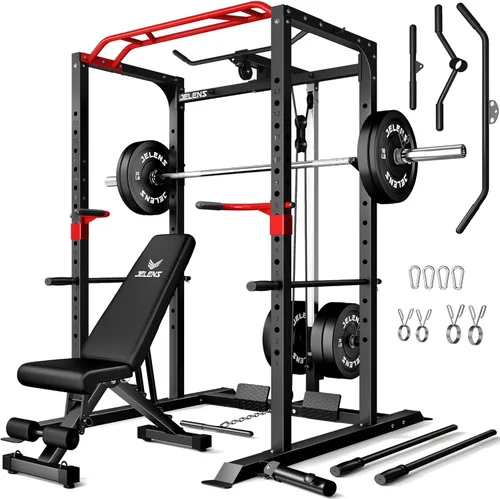 Miniatura 17 de Jaula de potencia JELENS, banco multifunción S11 con capacidad de 2000LBS, barra para sentadillas con sistema de poleas ajustable y más accesorios