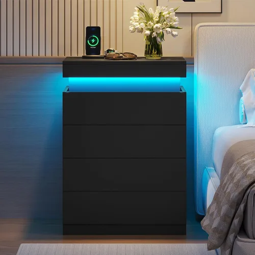 ADORNEVE - Mesita de noche negra con cajones y luces LED, mesita alta con parte superior deslizable, mesa de cabecera con estación de carga, mesa