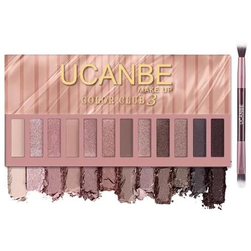 UCANBE Paleta de maquillaje de sombras de ojos de 12 colores, sombras de ojos mate brillantes neutras en tonos nude con kit de brochas de doble