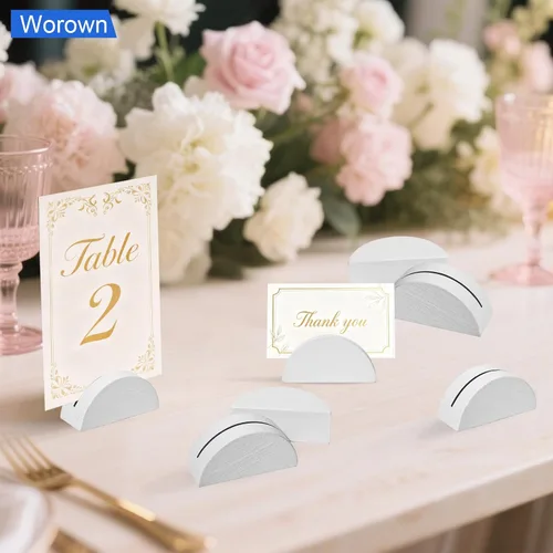 Miniatura 3 de Worown Paquete de 24 soportes de madera blanca para números de mesa, soportes semicirculares para decoración de bodas, fiestas, restaurantes Blanco