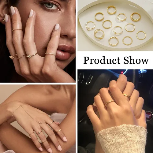 Miniatura 2 de FAXHION 12 piezas de anillos delicados de oro de 14 quilates para mujer, diseños cruzados de diamante simulado con giro grueso abierto de eternidad