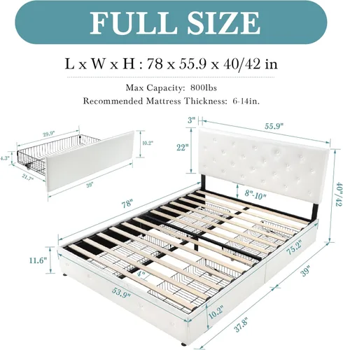 Miniatura 2 de HOOMIC Base de cama de almacenamiento de plataforma de tamaño matrimonial con 4 cajones y cabecera ajustable, listones de madera, no necesita Blanco