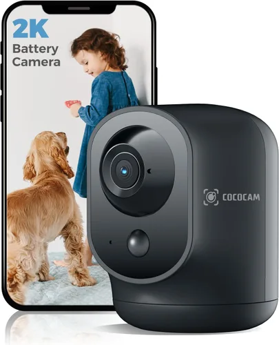 COCOCAM Cámara de seguridad interior con vista panorámica/inclinación 2K con batería de 5200mAh, cámara WiFi, inalámbrica para monitor de