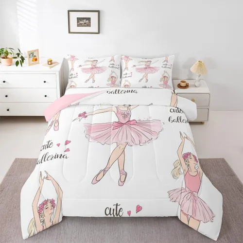 Erosebridal Juego de ropa de cama de princesa de ballet, tamaño Queen, juego de edredón de 3 piezas para niñas bailarinas de ballet, lindo juego de