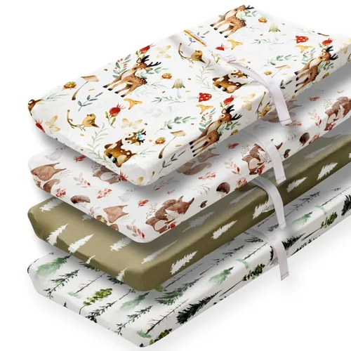 Juego de 4 fundas para cambiador de bebé, diseño de animales del bosque, de madera, neutro, unisex, para bebés, niños o niñas (cerveza)