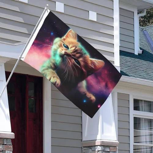 Miniatura 6 de Bandera de jardín impresa con diseño de gato y galaxia de 3 x 5 pies, bandera para exteriores, bandera de brisa, banderas a prueba de decoloración