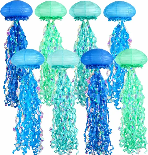 Miniatura 8 de 6 paquetes de linternas de papel de medusa con deseos de sirena colgantes, tema de cielo azul degradado y océano azul, suministros de fiesta
