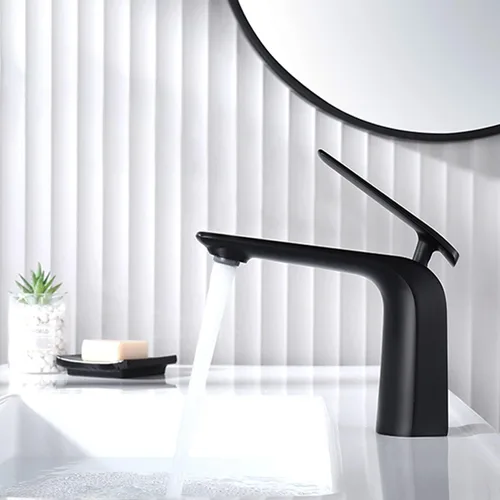TOCALOCA Grifo de lavabo de baño negro, negro mate, diseño moderno, mango único, 1 agujero, latón, válvula de disco de cerámica, montaje en