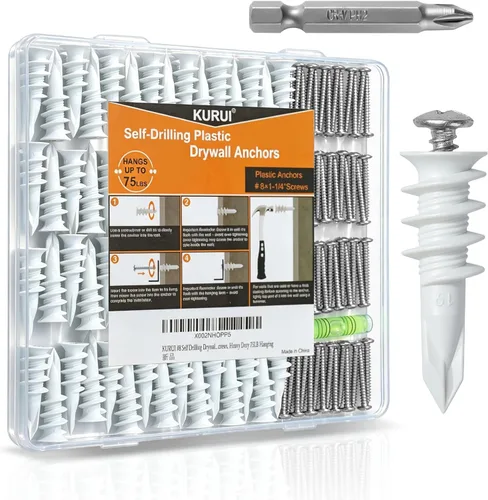 Miniatura 11 de KURUI Anclajes autoperforantes de zinc para paneles de yeso #8, kit de 60 anclajes y tornillos de pared de metal hueco, 30 anclajes resistentes +