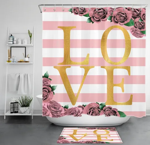 Miniatura 11 de LB Cortina de ducha con diseño de flores rojas y rosas para el día de San Valentín, diseño de hojas verdes y doradas, cortinas de ducha para baño