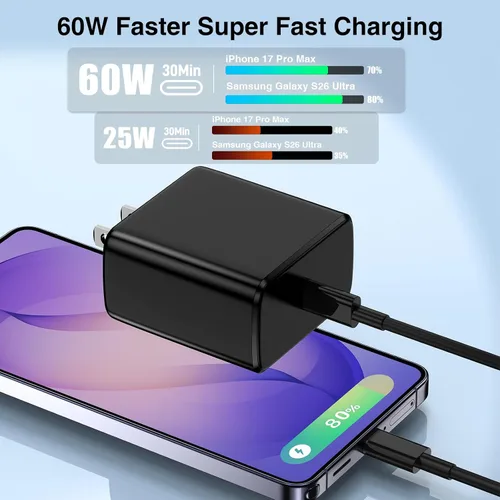 Miniatura 2 de Hzevn Bloque de cargador de pared rápida USB C de 60 W para teléfonos Galaxy S26 Android, paquete de 3 adaptadores de cargador súper rápido