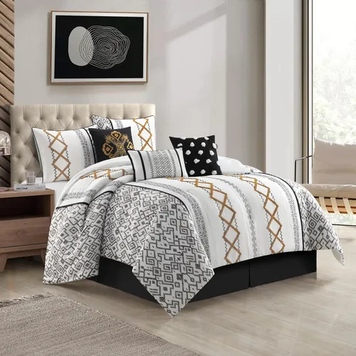 Miniatura 11 de Grand Avenue Juego de edredón Blanco Rojo tamaño Queen, juego de ropa de cama para todas las estaciones de 7 piezas con bordado de felpa, falda