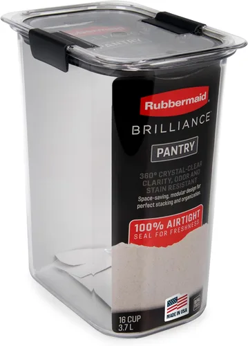 Rubbermaid Brilliance - Recipiente hermético de almacenamiento de alimentos de 16 tazas con tapa transparente/gris, óptimo para organización de