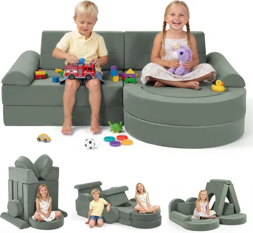 Miniatura 10 de Fvkind Sofá modular de juego para niños, 16 piezas, sofá de construcción para sala de juegos y dormitorio, sofá modular de juegos para niños y gris