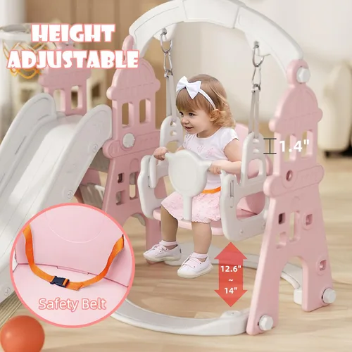 Miniatura 5 de YUFU Juego de Tobogán y Columpio 4 en 1 para Niños Pequeños, Tobogán para Niños con Escalador, Columpio, Aro de Baloncesto, Juego