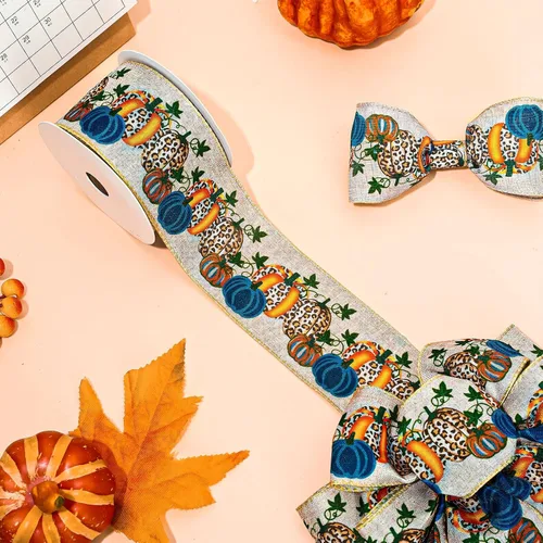 Miniatura 4 de Whaline Cinta de tela de calabaza de otoño con borde con alambre, cinta de tela de calabaza azul, cintas vintage para envolver para cosecha