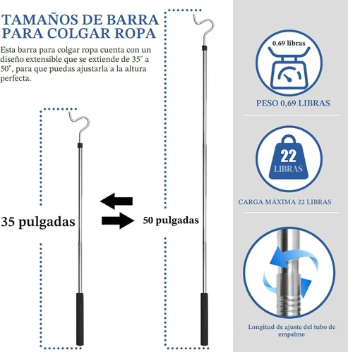 Miniatura 2 de Poste con Gancho para Ropa, Gancho Extensor para Colgar Ropa, Luces y Plantas, Extensible de 35" a 50", Hecho de Tubo de Acero Inoxidable con Mango
