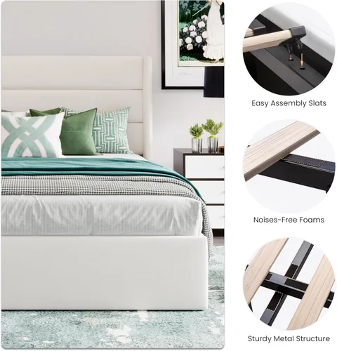 Miniatura 8 de SHA CERLIN Cama de Almacenamiento Elevable Tamaño Completo/Tapizada en Terciopelo/Cabecera Moderna Tipo Wingback/Marco de Cama Plataforma Blanco