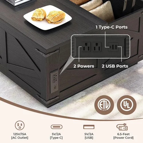Miniatura 4 de Jocoevol Mesa auxiliar con tapa elevable, mesa central cuadrada de madera con iluminación LED, estación de carga USB-C y compartimento