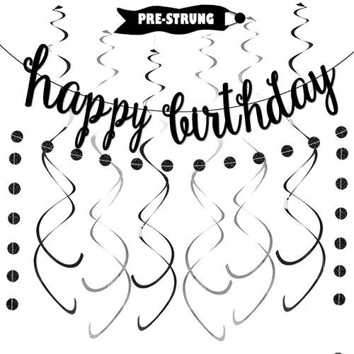 Kit de decoración de pancarta negra de feliz cumpleaños, guirnalda de puntos circulares con espirales colgantes negros y plateados para cumpleaños,