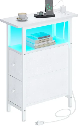 Miniatura 11 de TRIFEBLE Mesa auxiliar con estación de carga, mesa auxiliar estrecha con 2 cajones de tela, mesita de noche delgada con luz LED, mesita de noche