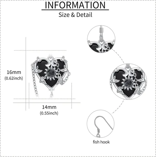 Miniatura 3 de Aretes de corazón de bruja, rosa gótica, murciélago, calavera, rosa, cruz, libélula, piedra lunar, calavera, plata de ley 925, joyería gótica