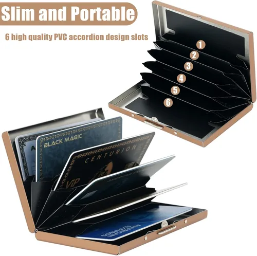 Miniatura 26 de BONSYL® Soporte para tarjetas de crédito, cartera delgada de metal con bloqueo RFID, con 6 ranuras para tarjetas, para mujeres y hombres.