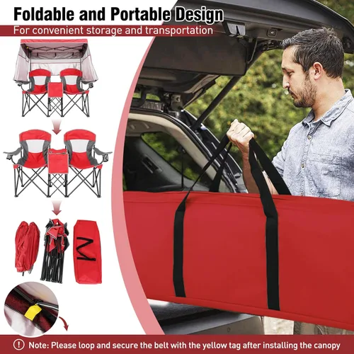 Miniatura 6 de S AFSTAR Silla de camping con toldo, silla de playa plegable para 2 personas con portavasos, cortinas de sombreado de 3 lados y bolsa enfriadora