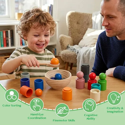Miniatura 10 de Juguetes Montessori de bolas arcoíris en vasos para niños de 3 años, juegos de madera de preescolar para niños pequeños, juegos de aprendizaje