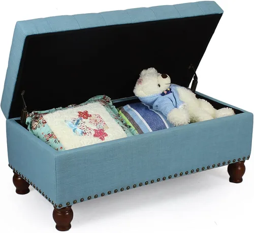 Miniatura 17 de Adeco Otomana de almacenamiento, banco tapizado rectangular de piel sintética con patas de madera, reposapiés, mesa de café para sala de estar, Negro