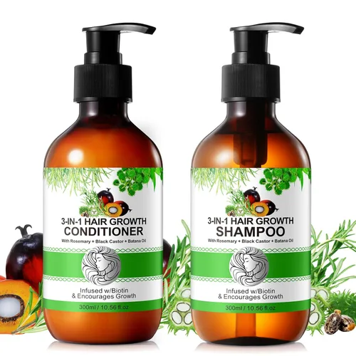 Champú y acondicionador de biotina para la pérdida del cabello | Productos para el cabello espesante con romero, ricino negro y aceite de batana -