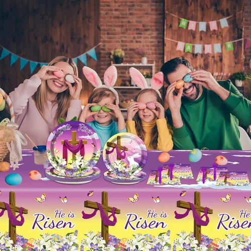 Miniatura 7 de 98 Piezas Decoraciones de Fiesta de Pascua He is Risen Juego de Vajilla de Pascua He is Risen Platos Religiosos Servilletas Mantel Kit