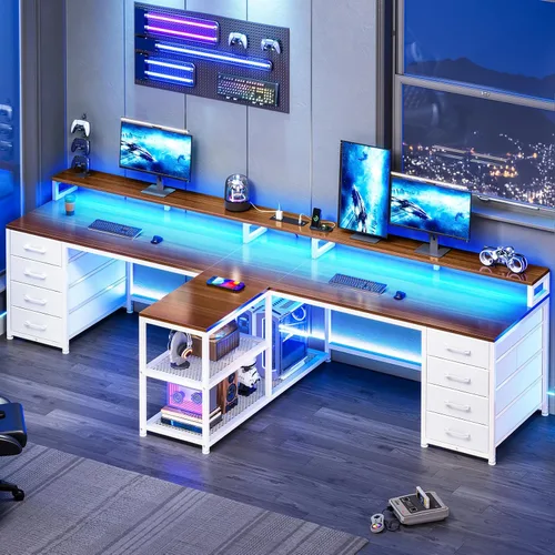 Miniatura 9 de SEDETA Escritorio para juegos para 2 personas de 94.5 pulgadas, escritorio largo para computadora de oficina con 8 cajones y luz LED, escritorio
