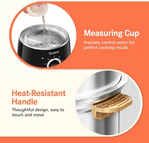 Miniatura 7 de CACHOO - Olla para huevos duros – Caldera rápida de acero inoxidable para 14 huevos con temporizador de 30 minutos y apagado automático, vaporizador