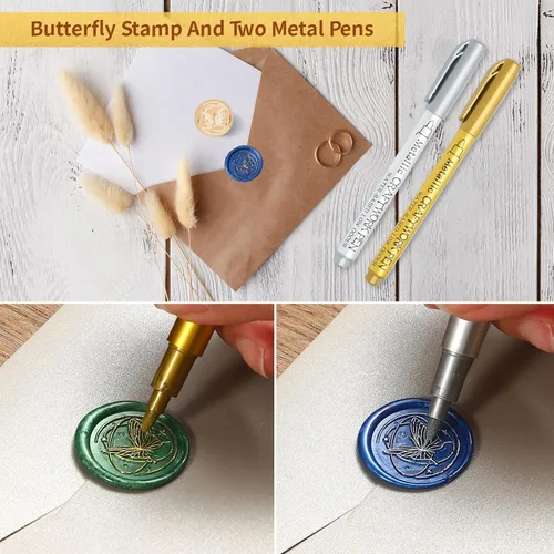 Miniatura 5 de Kit de Sellado de Cera con Caja de Regalo, 630 Piezas de Cuentas de Sellado de 24 Colores, Sello de Mariposa, Calentador de Cera de Sellado, Sobres