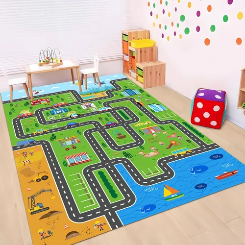Miniatura 12 de Tapete de juego de automóvil para niños, alfombra para sala de juegos, alfombra de tráfico de ciudad, alfombra de juego para piso, alfombra de juego