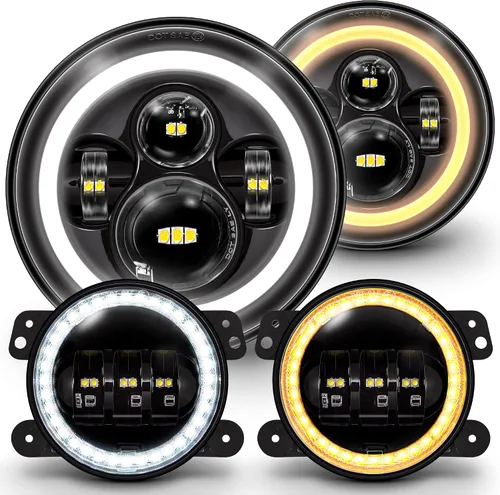 TRUE MODS Faros LED de 7 pulgadas H6024 + luces antiniebla de 4 pulgadas para Jeep Wrangler JK Unlimited JKU Accesorios 2007-2018 [HALO DRL][Señales