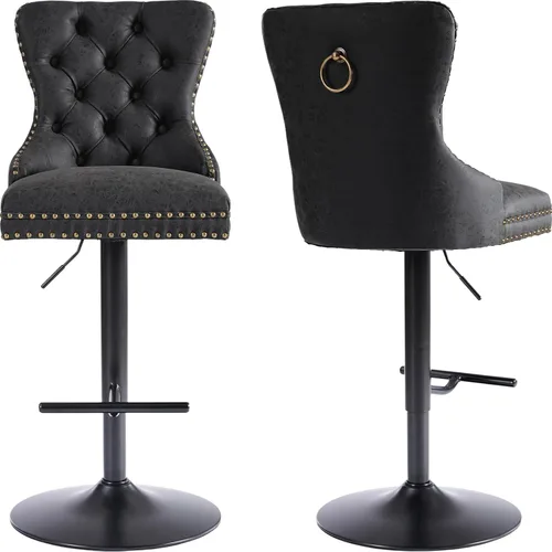 Juego de 2 taburetes de bar giratorios modernos, de piel sintética negra, para isla de cocina, sillas de bar ajustables, respaldo copetudo, base de