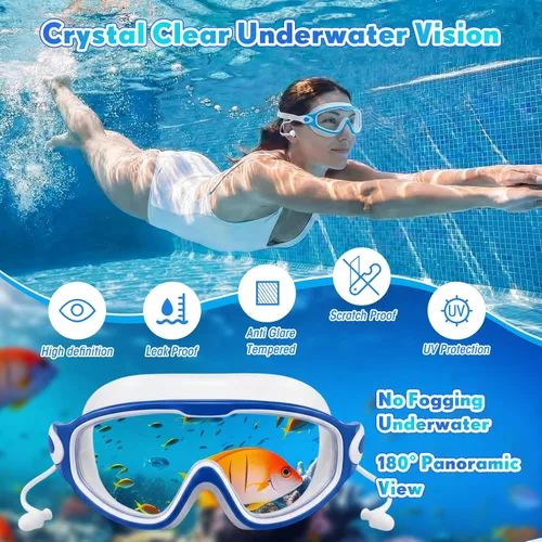 Miniatura 4 de Kanayu 10 gafas de natación para adultos con tapones para los oídos, clip para la nariz, visión amplia, sin fugas, antiniebla, para adultos, hombres