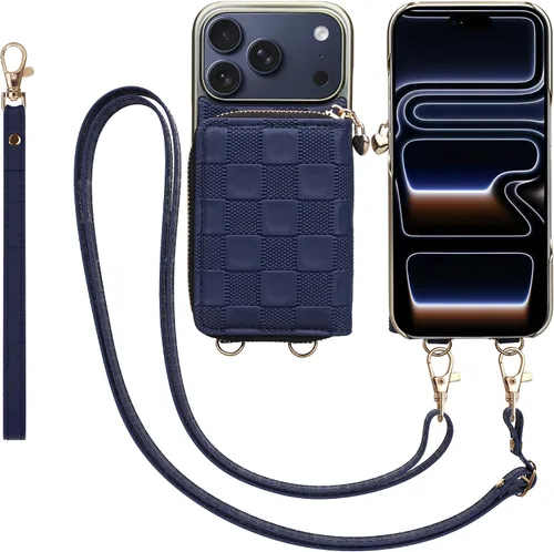 Miniatura 50 de Funda tipo cartera para iPhone 15 de 6.1 pulgadas, bolso cruzado con cremallera y correa para la muñeca con cordón para mujer, tarjetero con bloqueo