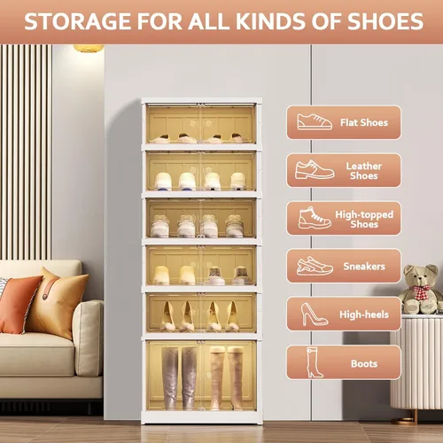 Miniatura 6 de SYNCVIBE Zapatero plegable de 6 niveles con estante de plástico, 12 pares de contenedores de almacenamiento de zapatos colapsables, grandes cajas