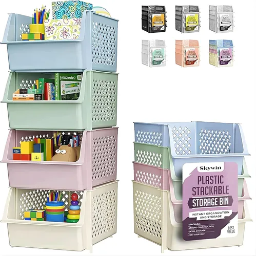 Miniatura 14 de Skywin TidyFriend - Recipientes apilables de plástico grandes para despensa, paquete de 3 contenedores apilables para organizar artículos esenciales