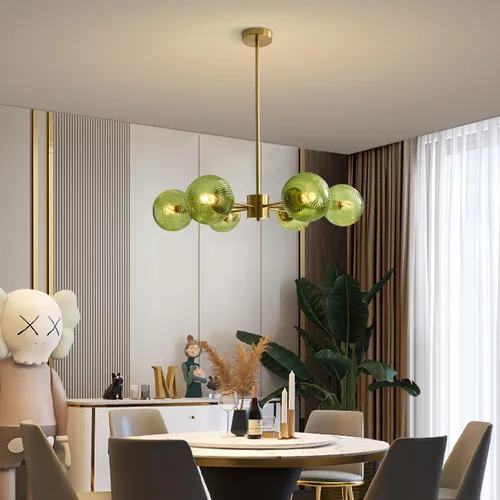 Miniatura 7 de BOKT Lámpara Colgante de Bola de Vidrio Verde Moderna de Mediados de Siglo Dorada de 6 Luces Globo Sputnik Candelabro Accesorio de Iluminación