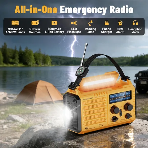Miniatura 2 de NOAA - Radio meteorológica AM/FM/onda corta, radio de emergencia de 5 vías, 5000 mAh/18500 mWh, manivela solar, cargador de teléfono portátil
