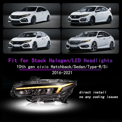 Miniatura 9 de Ensamble de faros Archaic Compatible para Honda Civic de 10ª generación 2016-2021, faro proyector con señal intermitente secuencial para Civic
